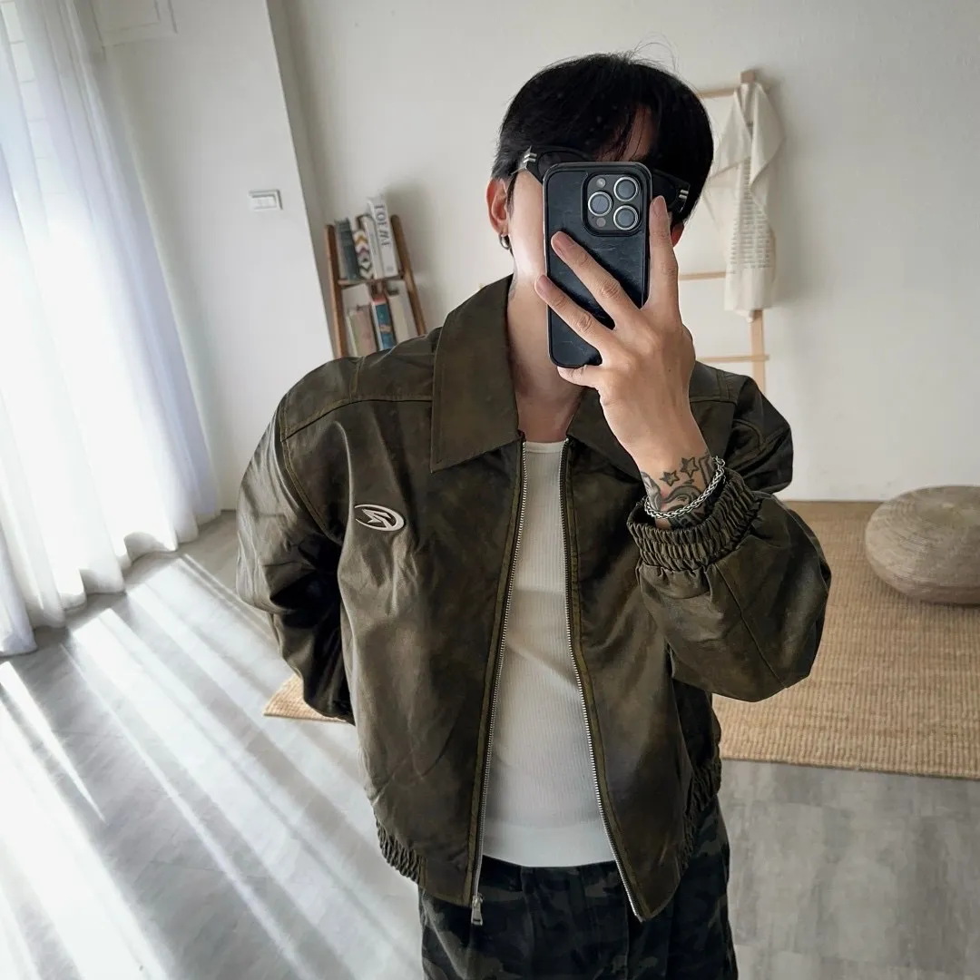 高質感 立體 鋼片 仿舊 紋理 寬短 皮外套