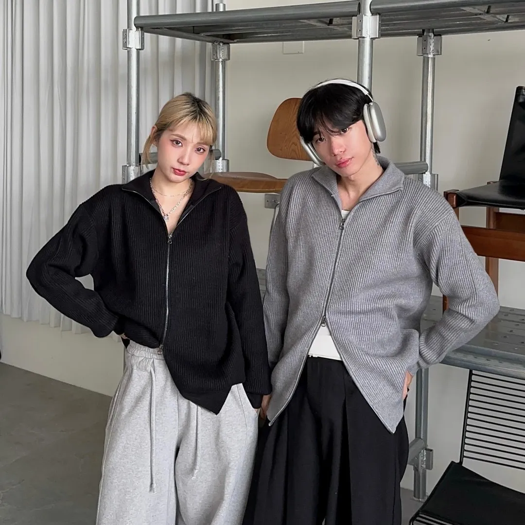 重磅 針織 可立領 雙拉鍊 外套