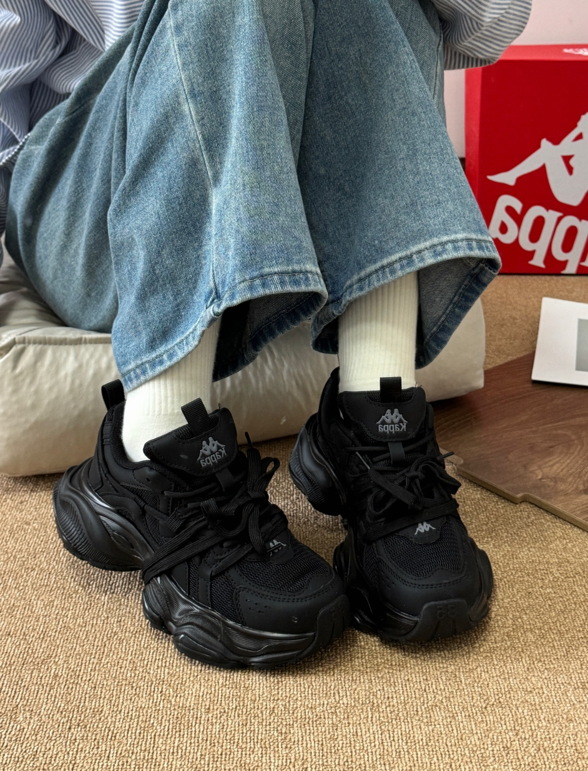 Kappa 綁帶厚底老爹鞋 全黑 黑色 黑武士 解構 雙鞋帶 厚底 老爹鞋/預購