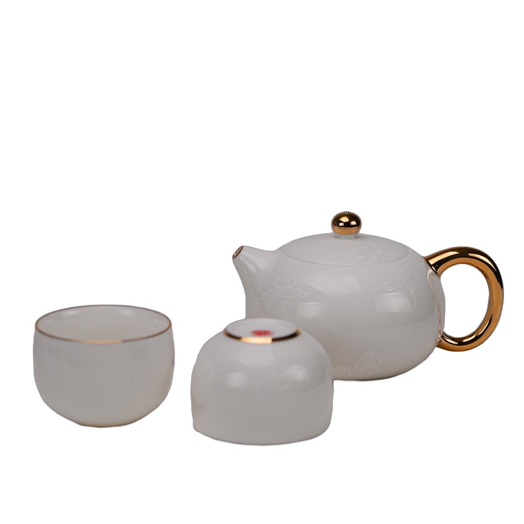 漢白玉精瓷隱雕蝶戀茶組