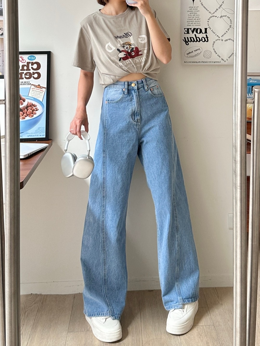 口袋刷色牛仔寬褲