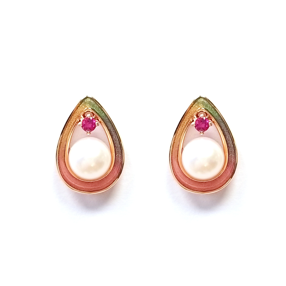 18K玫瑰金珍珠紅寶耳環
