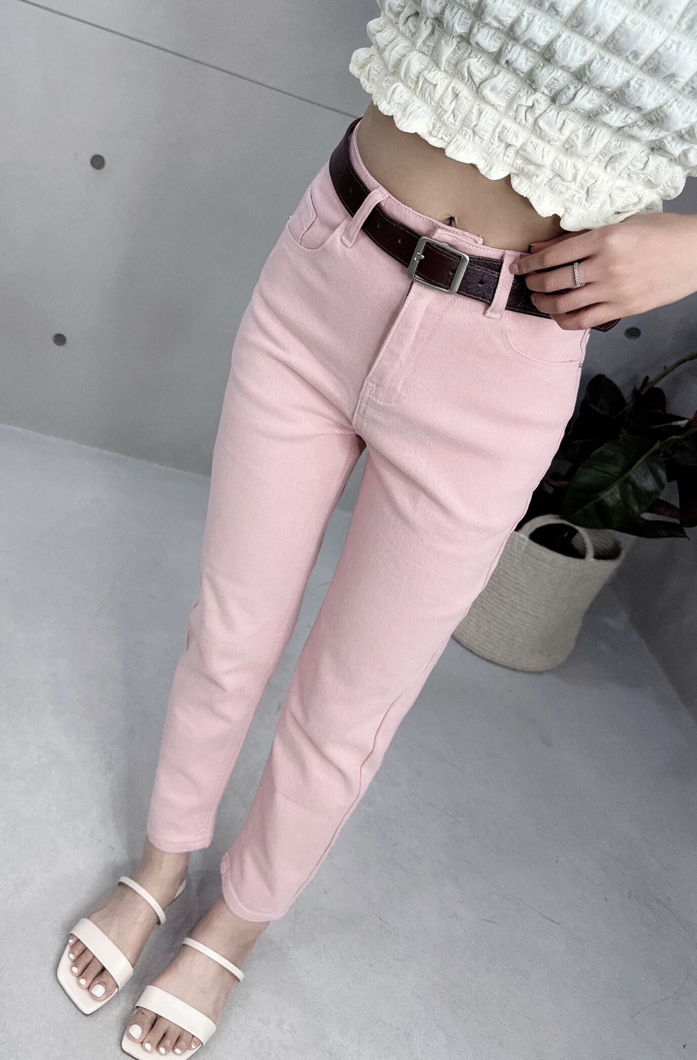 附皮帶彈力牛仔直筒褲 3591*