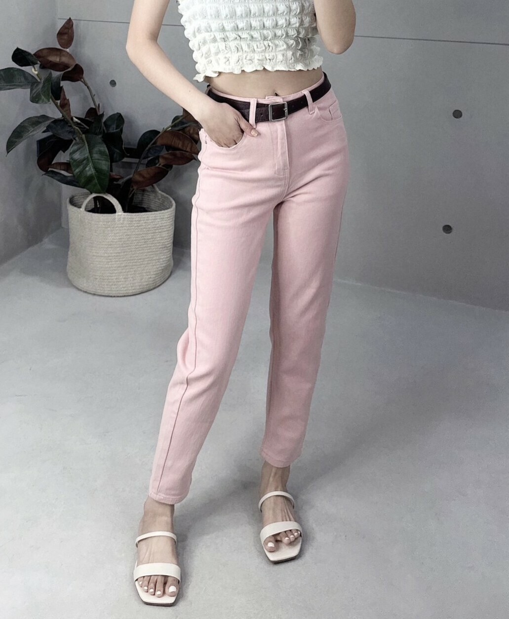 附皮帶彈力牛仔直筒褲 3591*