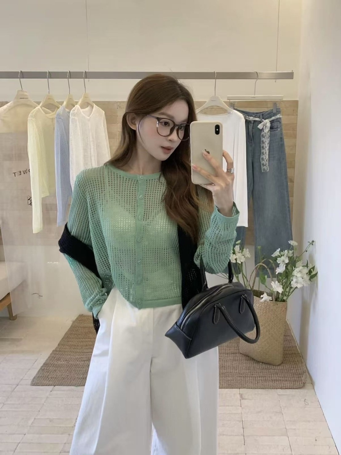 綠色洞洞針織外