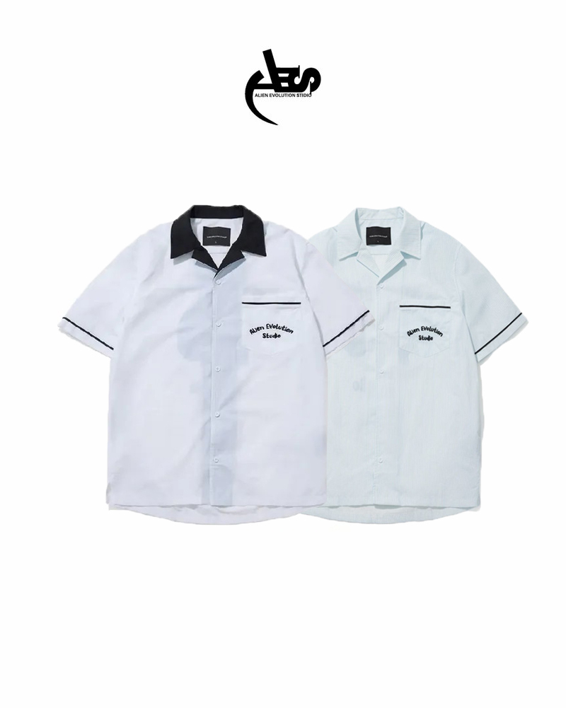 AES 骷髏 夏威夷 短袖 襯衫 白/藍條紋 25 S/S Skull Logo Nylon Hawaiian Shirt