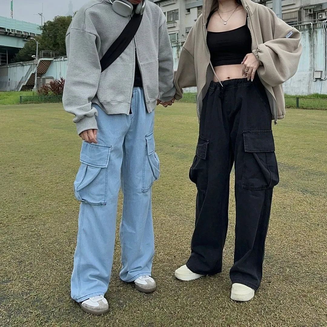 素面 大口袋 工裝 牛仔 長褲