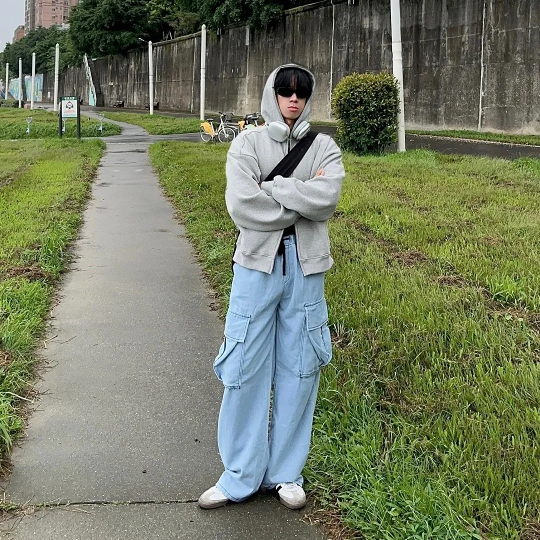 素面 大口袋 工裝 牛仔 長褲