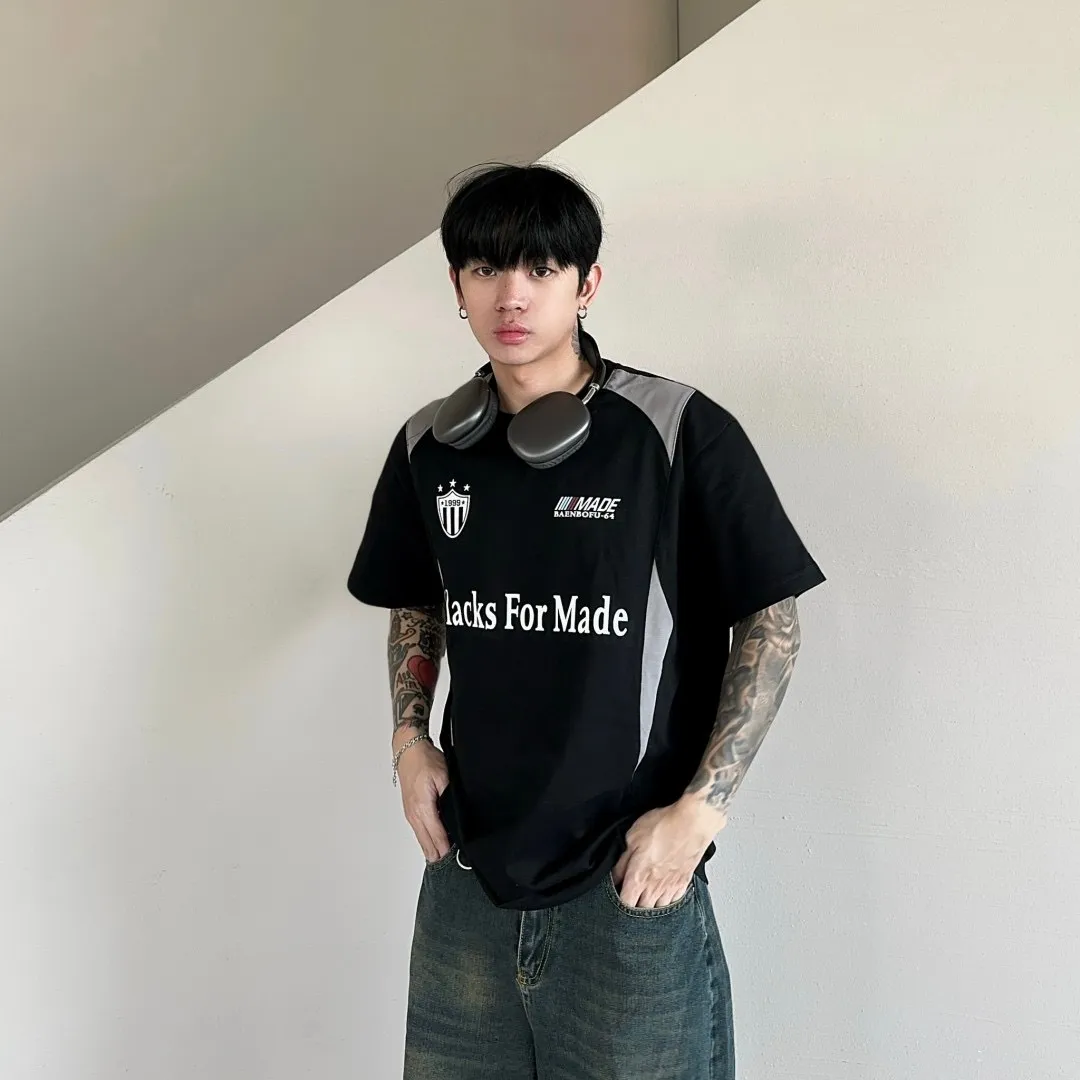 英文 設計 拼接 撞色 短袖