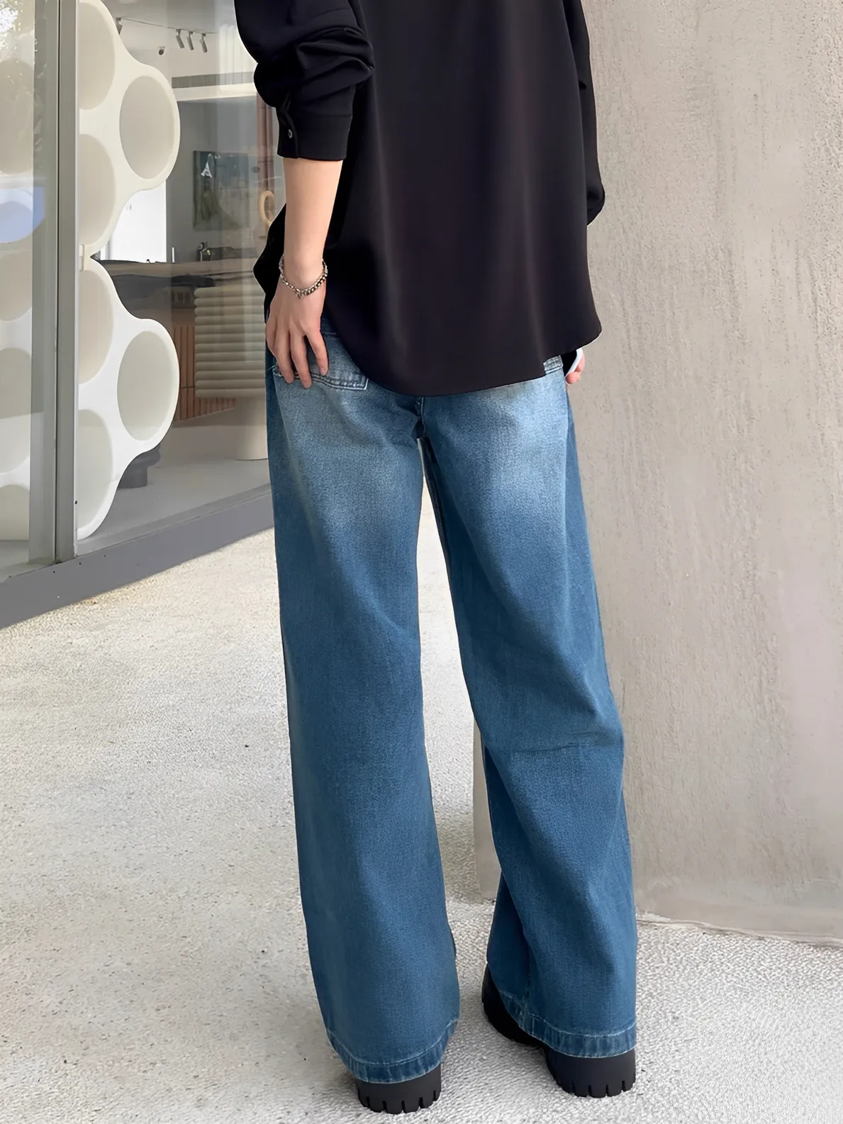 春夏 直筒 寬鬆 深藍 牛仔 長褲