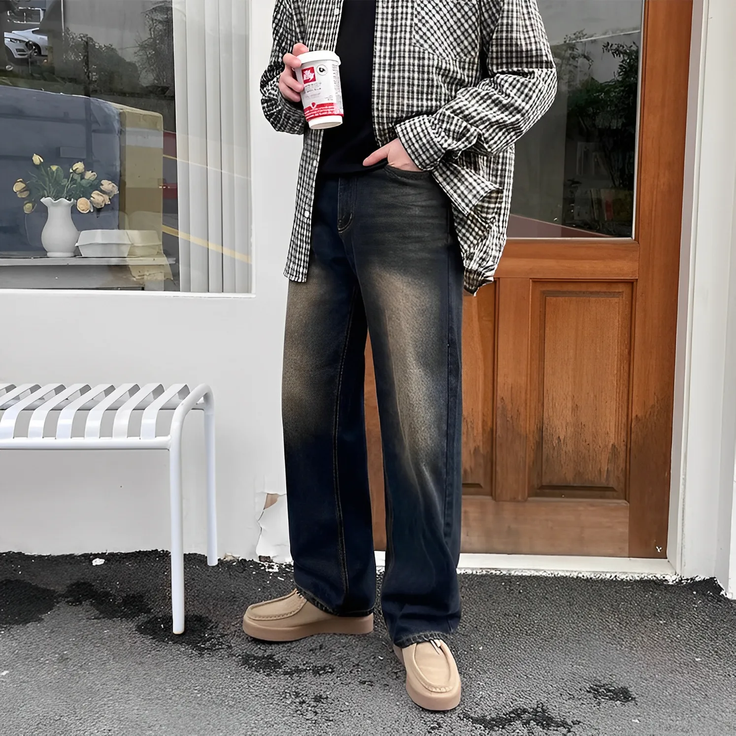 鏽色 仿舊 直筒 闊腿 牛仔 長褲