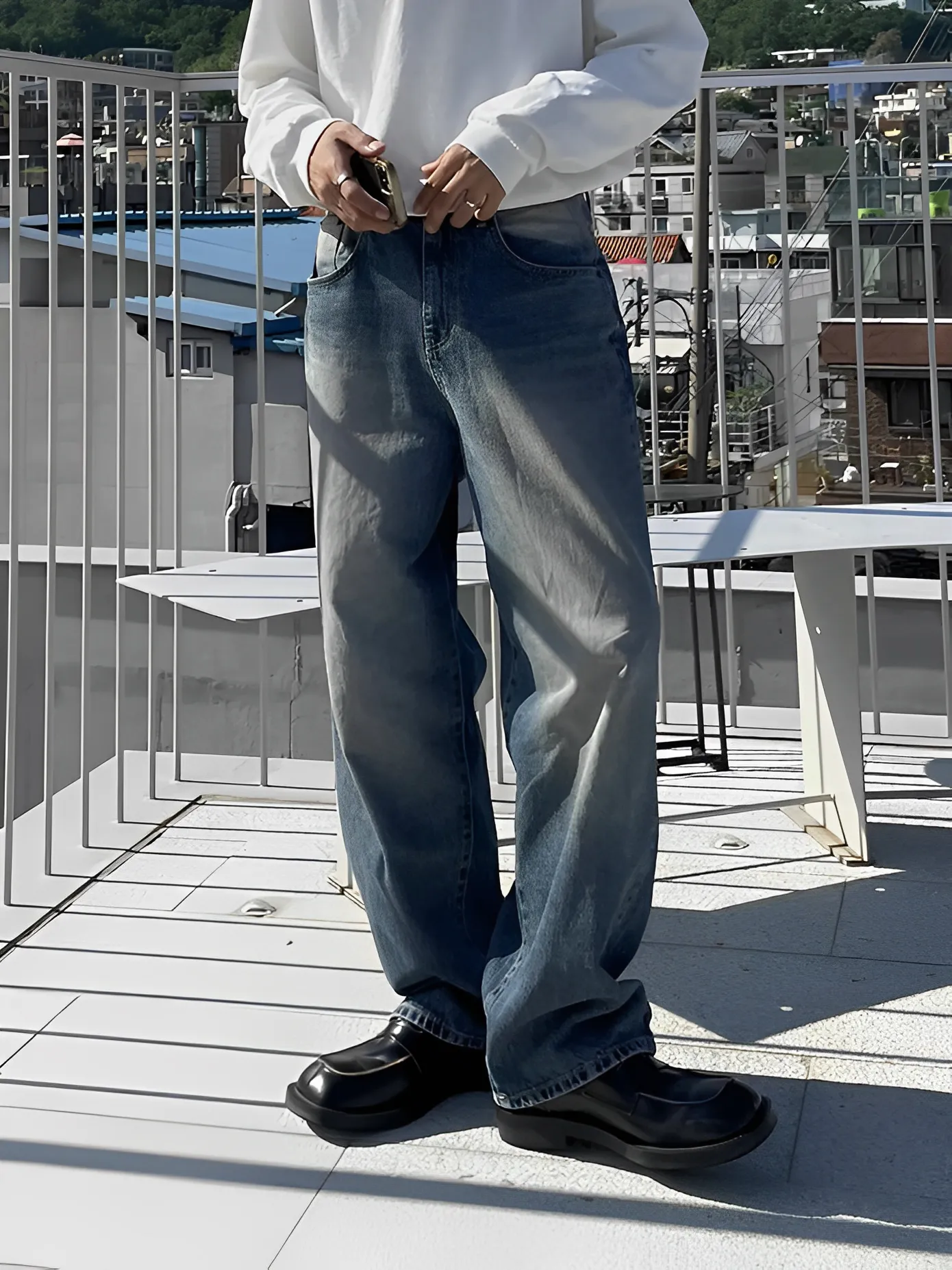 復古 簡約 藍色 直筒 闊腿 牛仔 長褲