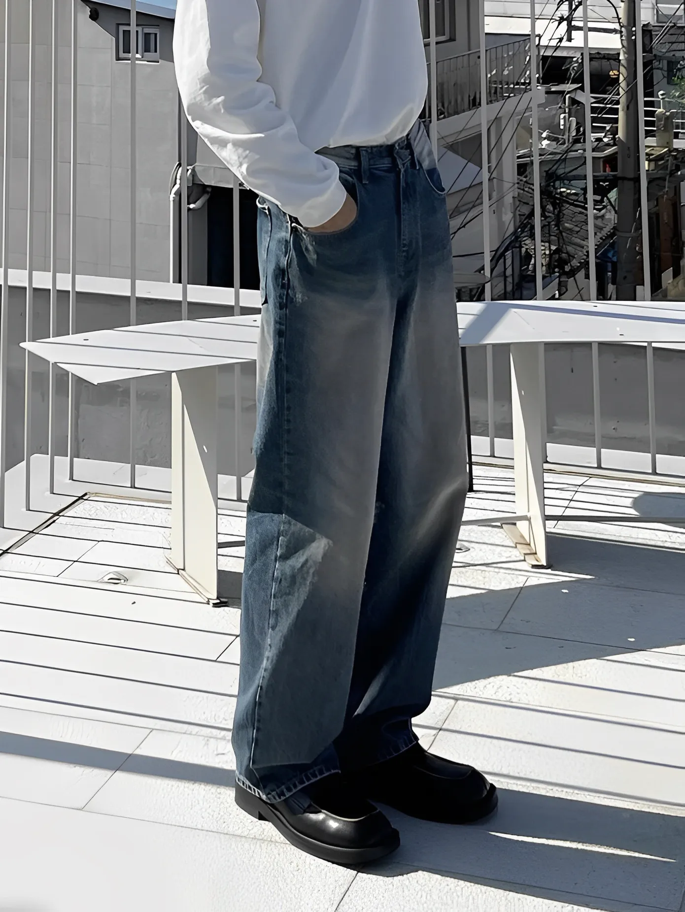 復古 簡約 藍色 直筒 闊腿 牛仔 長褲