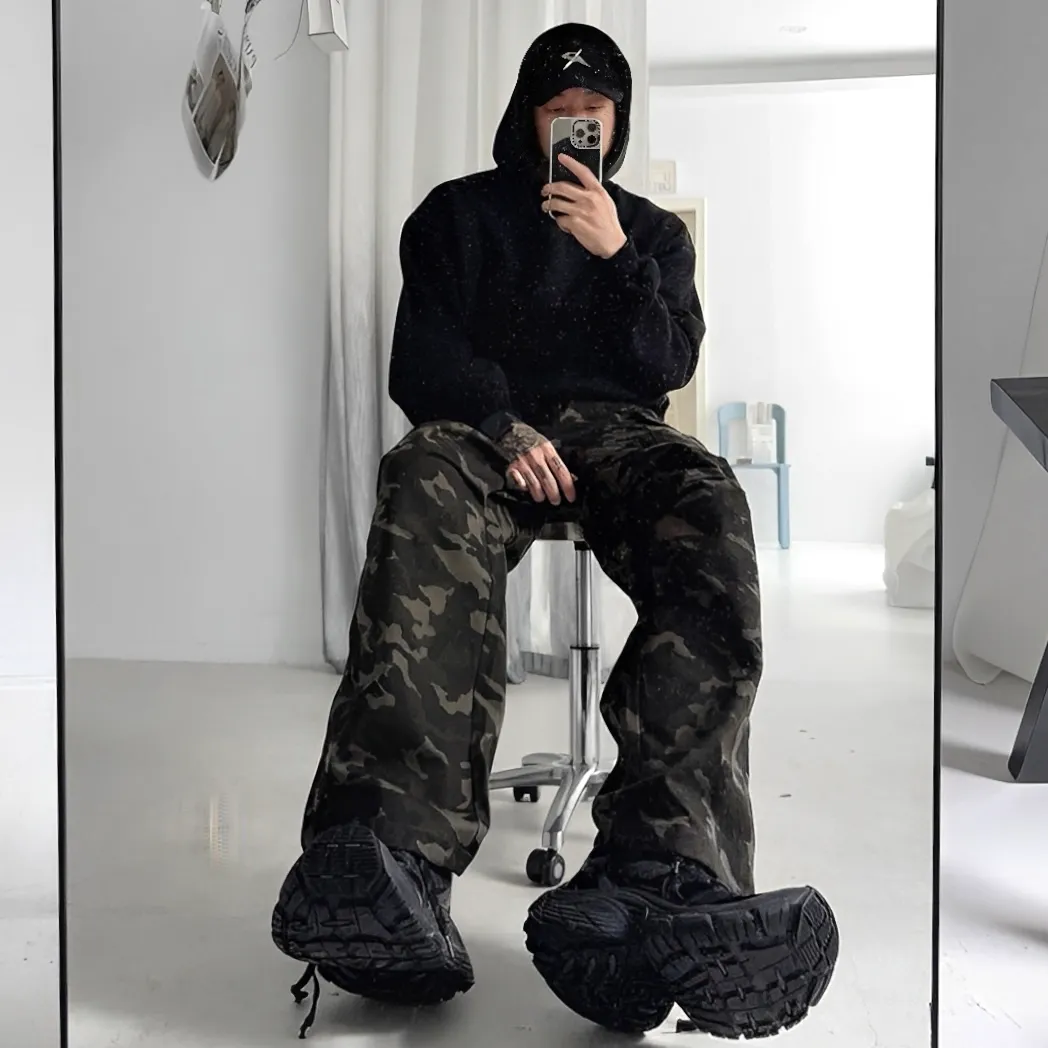 闊腿 迷彩 街頭 寬版 兩色 落地 長褲