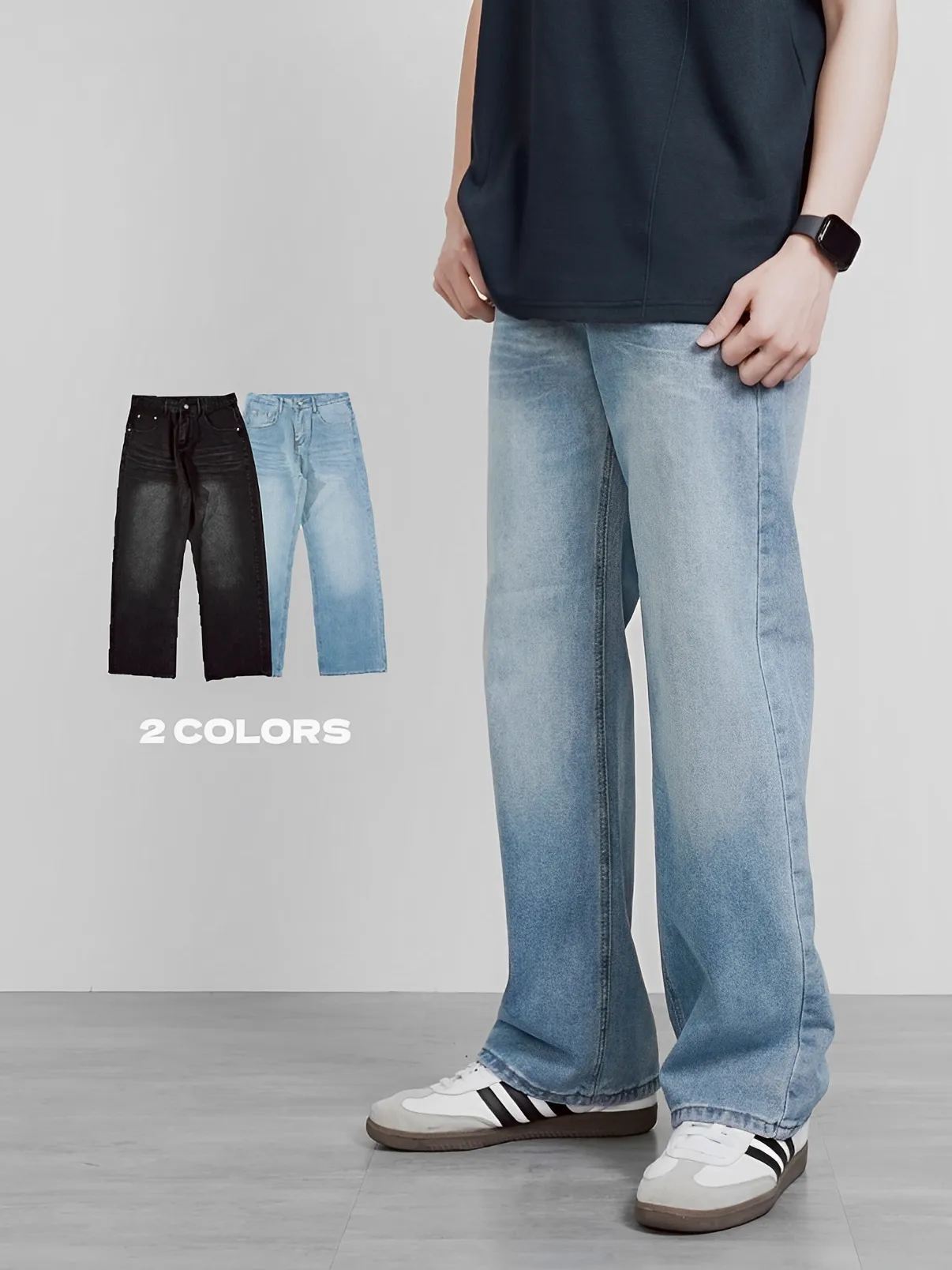 水洗 橫條 修身 直筒 牛仔 長褲