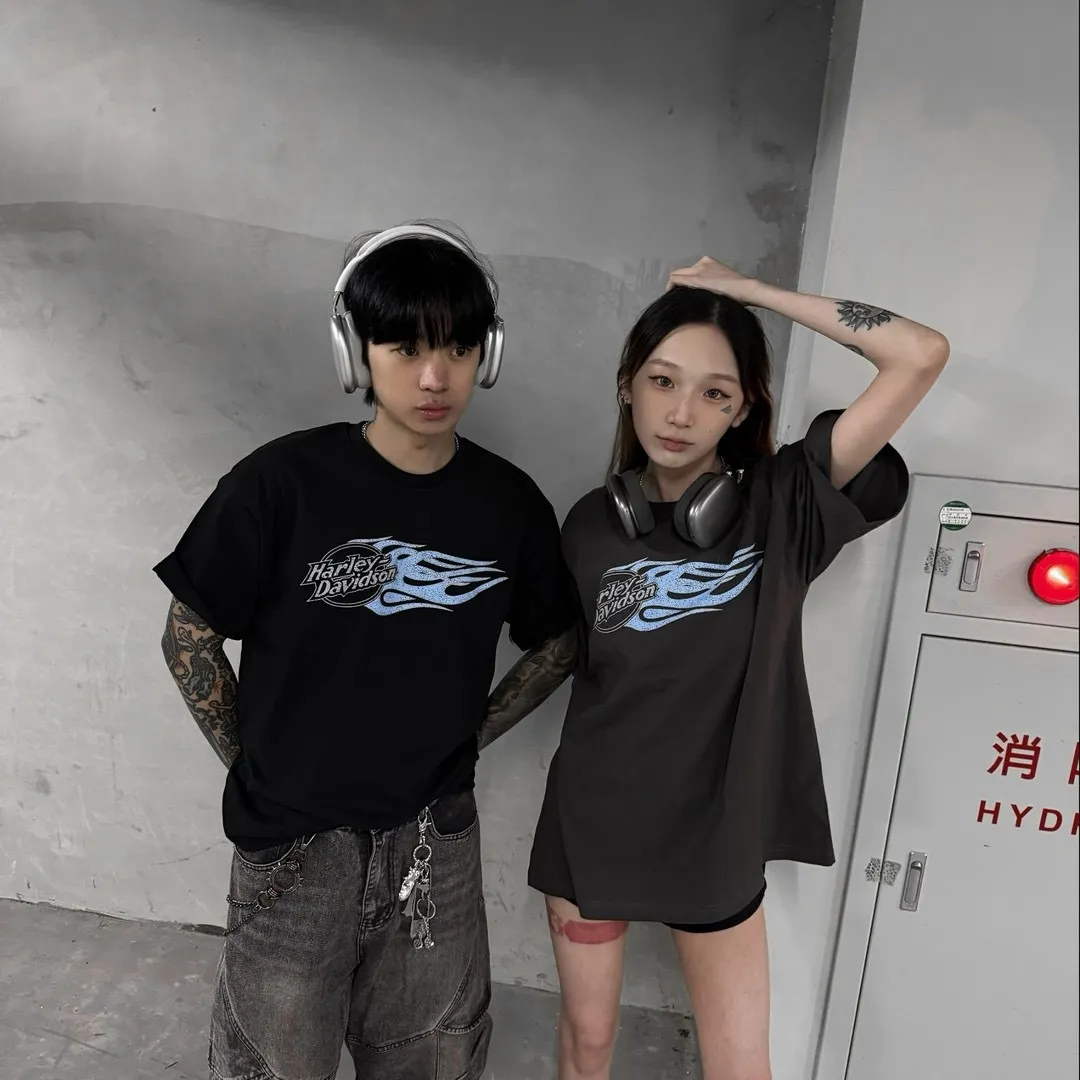 復古 美式 火焰 Y2K 寬鬆 落肩 短袖