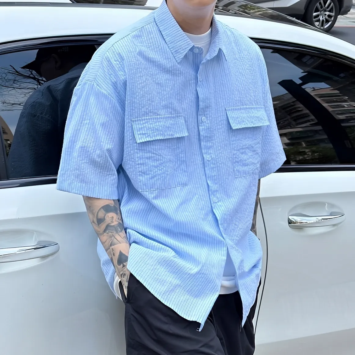 棉麻 口袋 工裝 短袖 襯衫