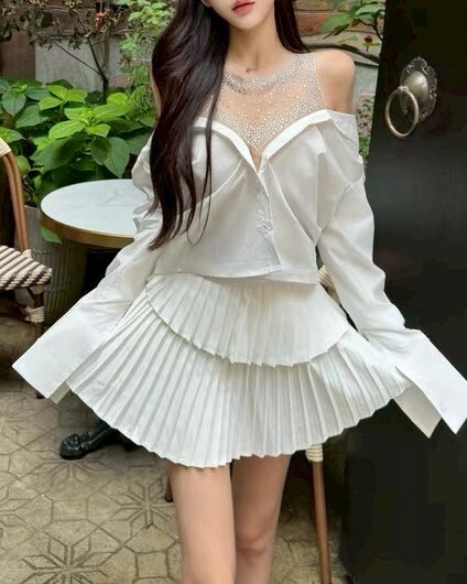 透膚紗燙鑽拼接襯衫假兩件上衣