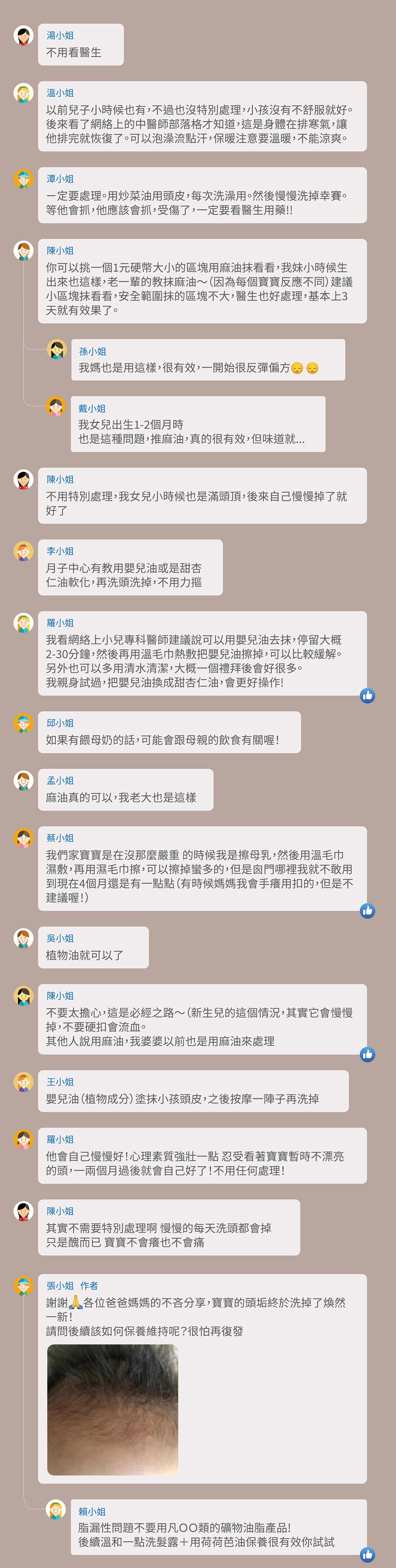 A1:不用看醫生 A2:以前兒子小時候也有，不過也沒特別處理，小孩沒有不舒服就好。後來看了網絡上的中醫師部落格才知道，這是身體在排寒氣，讓他排完就恢復了。可以泡澡流點汗，保暖注意要溫暖，不能涼爽。 A3:ㄧ定要處理。用炒菜油用頭皮，每次洗澡用。然後慢慢洗掉幸賽。等他會抓，他應該會抓，受傷。要看醫生用藥 A4:你可以挑一個1元硬幣大小的區塊用麻油抹看看，我妹小時候生出來也這樣，老一輩的教抹麻油～（因為每個寶寶反應不同）建議小區塊抹看看，安全範圍抹的區塊不大，醫生也好處理。 基本上3天就有效果了。 A4-1:我媽也是用這樣，很有效，一開始很反彈偏方 A4-2:我女兒出生1-2個月時 也是這種問題，推 麻油 真的很有效，但味道就...。 A5:不用特別處理，我女兒小時候也是滿頭頂，後來自己慢慢掉了就好了 A6:月子中心有教用嬰兒油或是甜杏仁油軟化，再洗頭洗掉，不用力摳 A7:我看網絡上小兒專科醫師建議說可以用嬰兒油去抹，停留大概2-30分鐘，然後再用溫毛巾熱敷把嬰兒油擦掉，可以比較緩解。 另外也可以多用清水清潔，大概一個禮拜後會好很多。 我親身試過，把嬰兒油換成甜杏仁油，會更好操作! A8:如果有餵母奶的話，可能會跟母親的飲食有關喔！ A9:麻油真的我老大也是這樣 A10:我們家寶寶是在沒那麼嚴重 的時候我是擦母乳，然後用溫毛巾濕敷，再用濕毛巾擦，可以擦掉蠻多的，但是囪門哪裡我就不敢用到現在4個月還是有一點點（有時候媽媽我會手癢用扣的，但是不建議喔！） A11:植物油就可以了 A12:不要太擔心，這是必經之路～（新生兒的這個情況，其實它會慢慢掉，不要硬扣會流血。 其他人說用麻油，我以前也是用麻油來處理） A13:嬰兒油（植物成分）塗抹小孩頭皮，之後按摩一陣子再洗掉 A14:他會自己慢慢好！心理素質強壯一點 忍受看著寶寶暫時不漂亮的頭 一兩個月過後就會自己好了！不用任何處理！ A15:其實不需要特別處理啊 慢慢的每天洗頭都會掉 只是醜而已 寶寶不會癢也不會痛 A16:謝謝      各位爸爸媽媽的不吝分享，寶寶的頭垢終於洗掉了煥然一新！ 請問後續該如何保養維持呢？很怕再復發 A16-1:脂漏性問題不要用凡ＯＯ類的礦物油脂產品! 後續溫和一點洗髮露＋用荷荷芭油保養很有效你試試