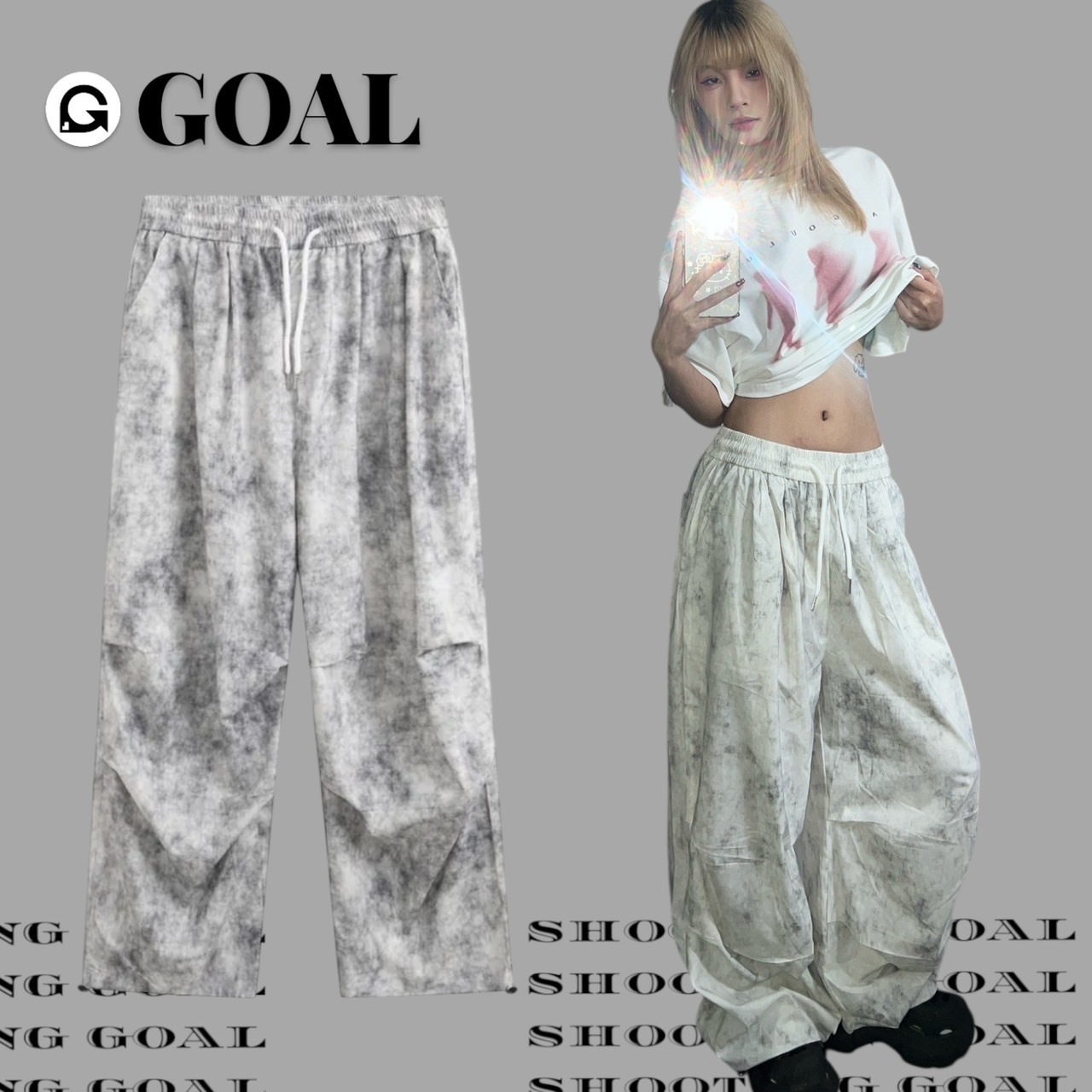 (GOAL) ERHU 美式抽繩札染闊腿褲 垂感落地褲 廢土風 9379