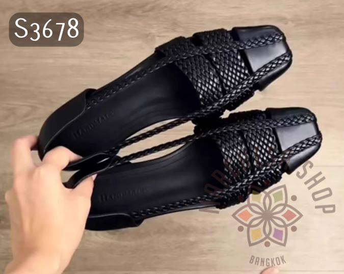 S3678 - 全真皮頭層小羊皮極致編織鏤空方頭平底鞋