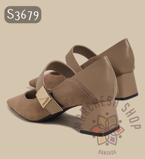 S3679 - 全真皮頭層小羊猄皮扣帶方頭高踭鞋