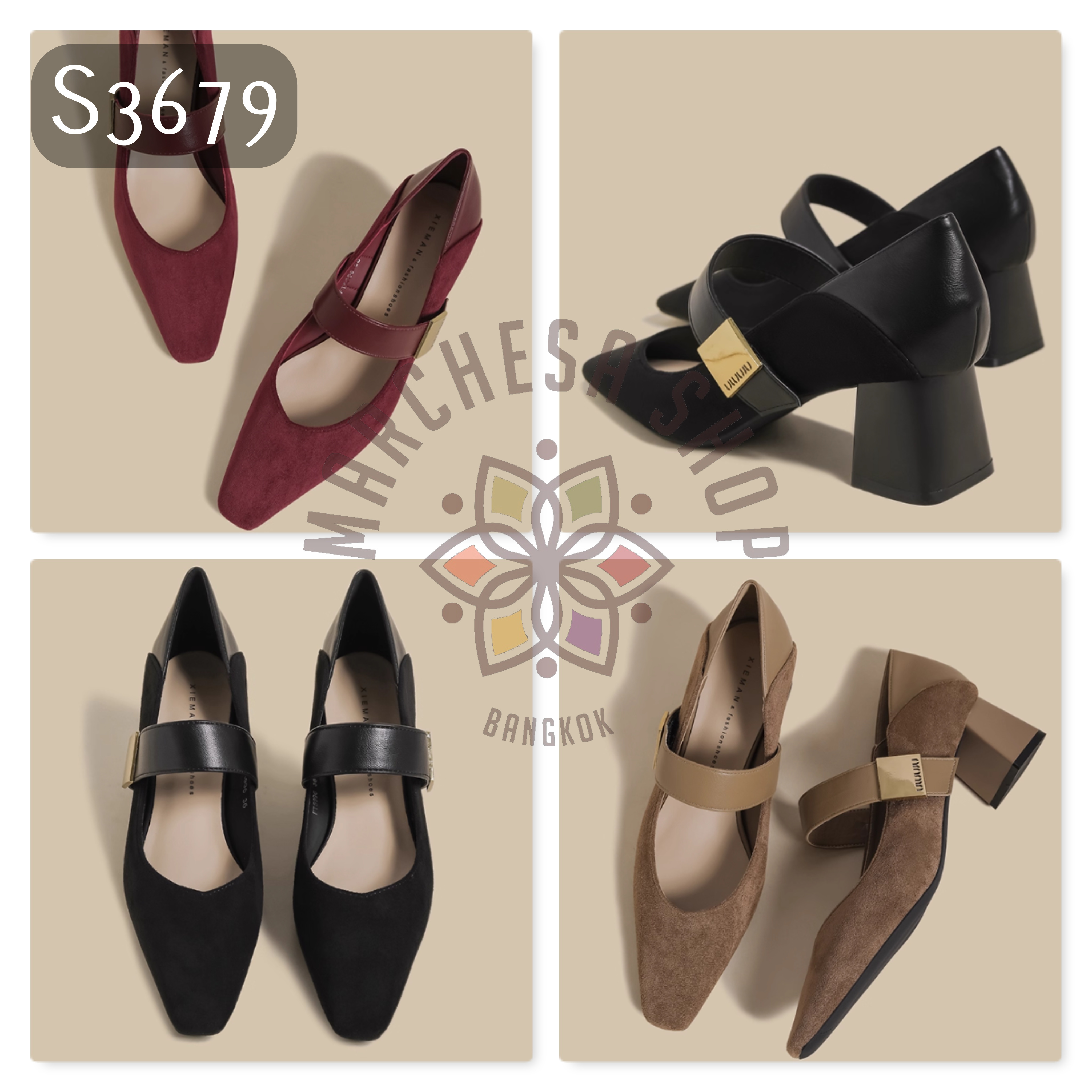 S3679 - 全真皮頭層小羊猄皮扣帶方頭高踭鞋