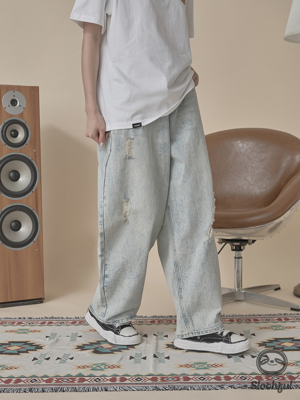 刷破冰藍牛仔氣球寬褲