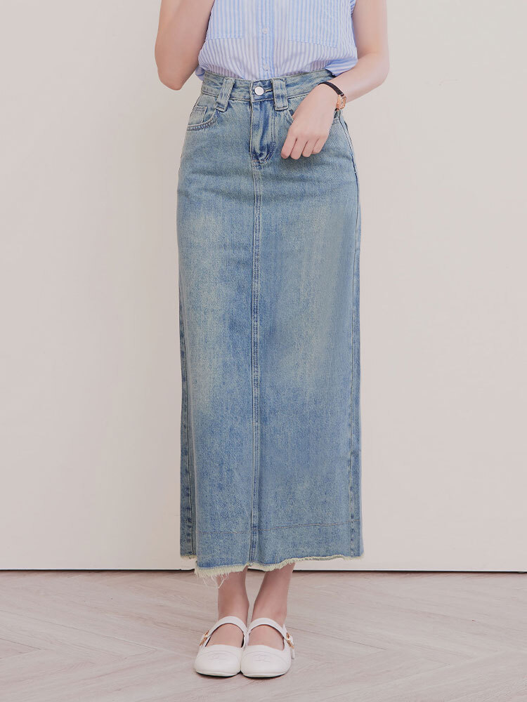 不收邊後開衩牛仔長裙