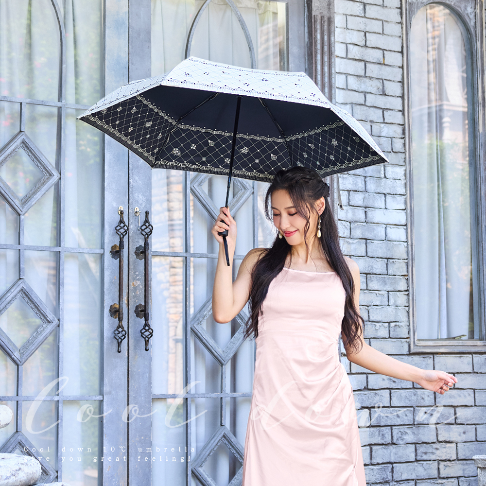 降溫10℃涼感山茶花自動傘 ,菱形格紋握把、高貴優雅設計 ,一鍵自動開收傘,輕巧好推收