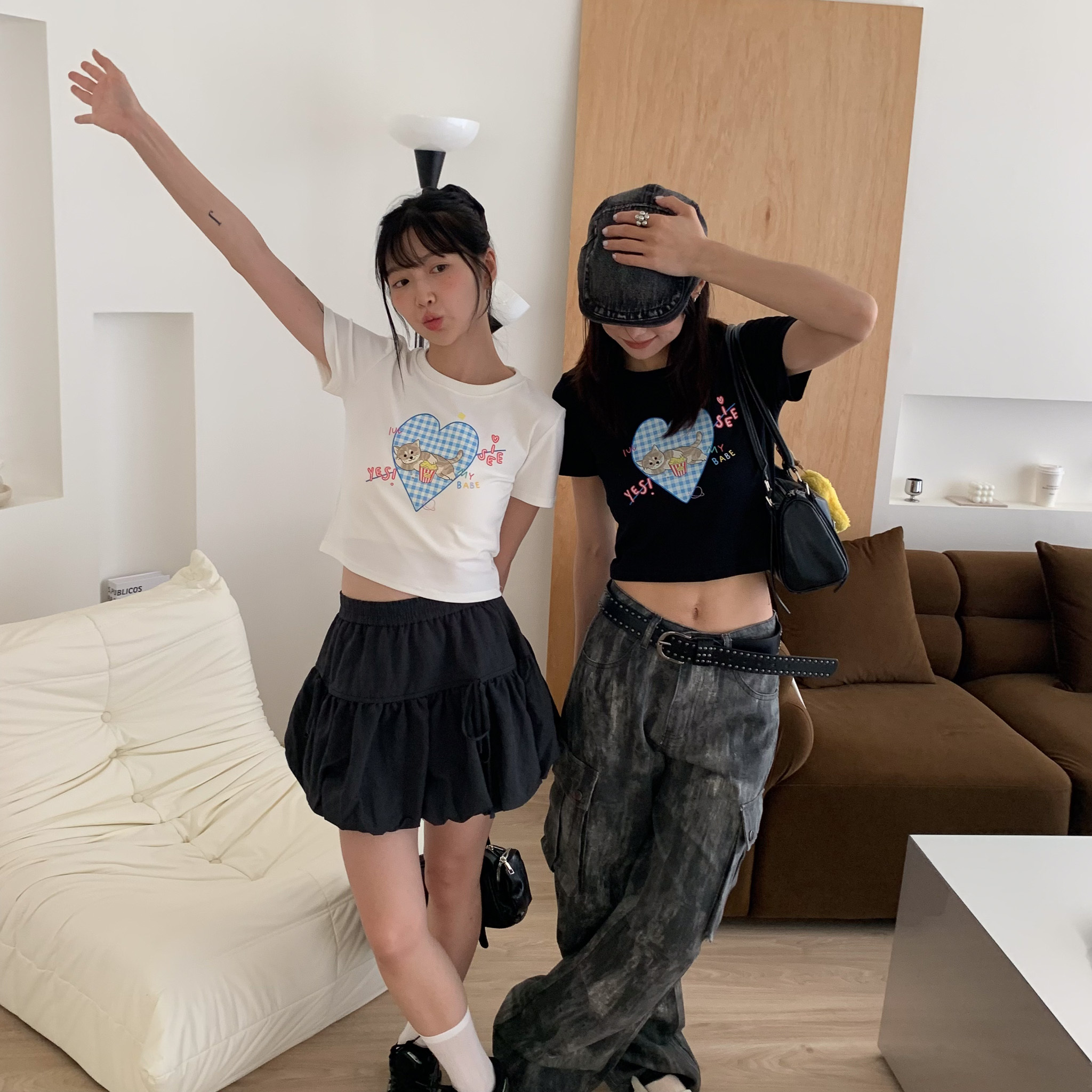 ISA_可愛暴擊! 俏皮系大愛心萌物塗鴉正肩短tee_58015