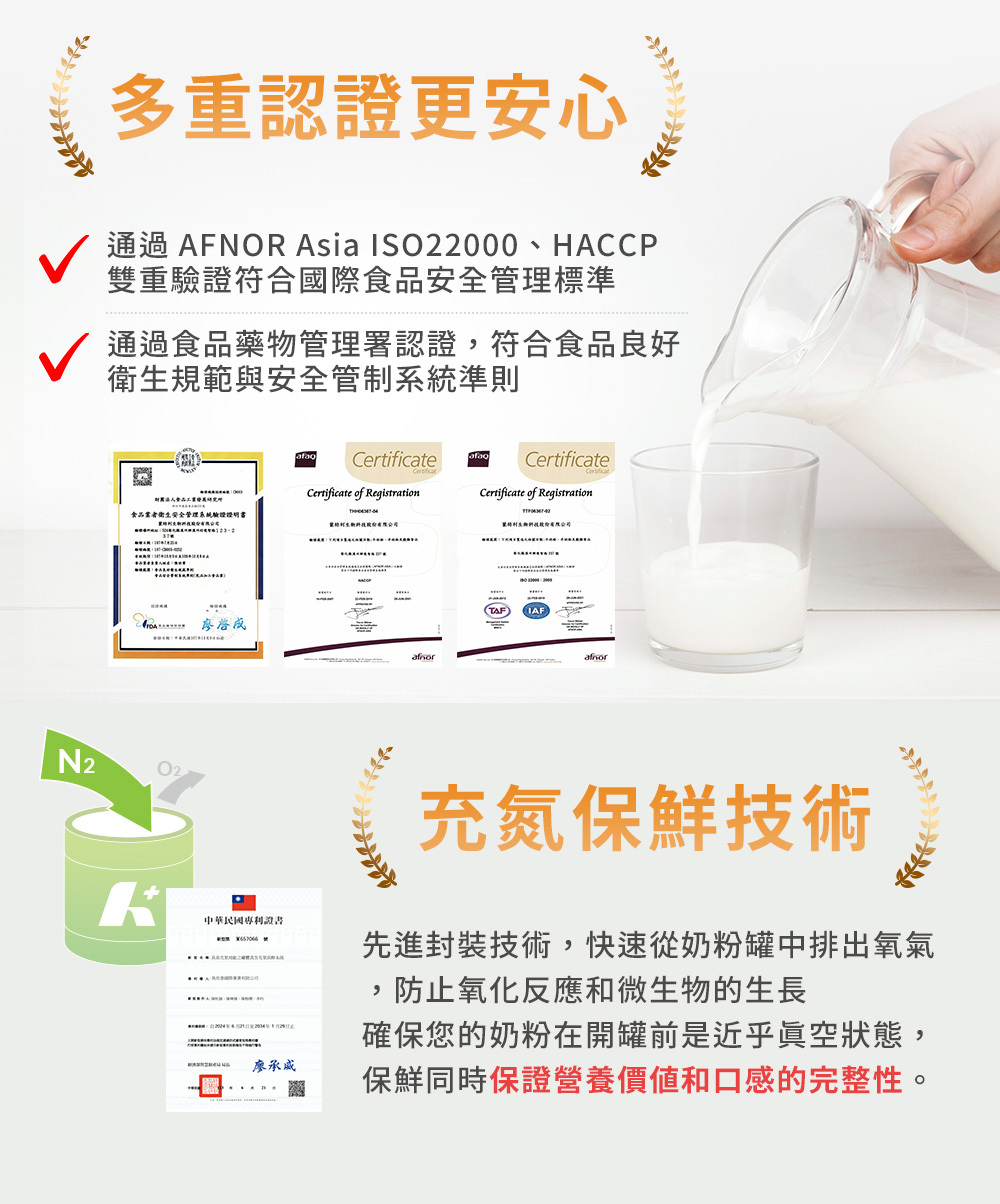 多重認證更安心、充氮保鮮技術。