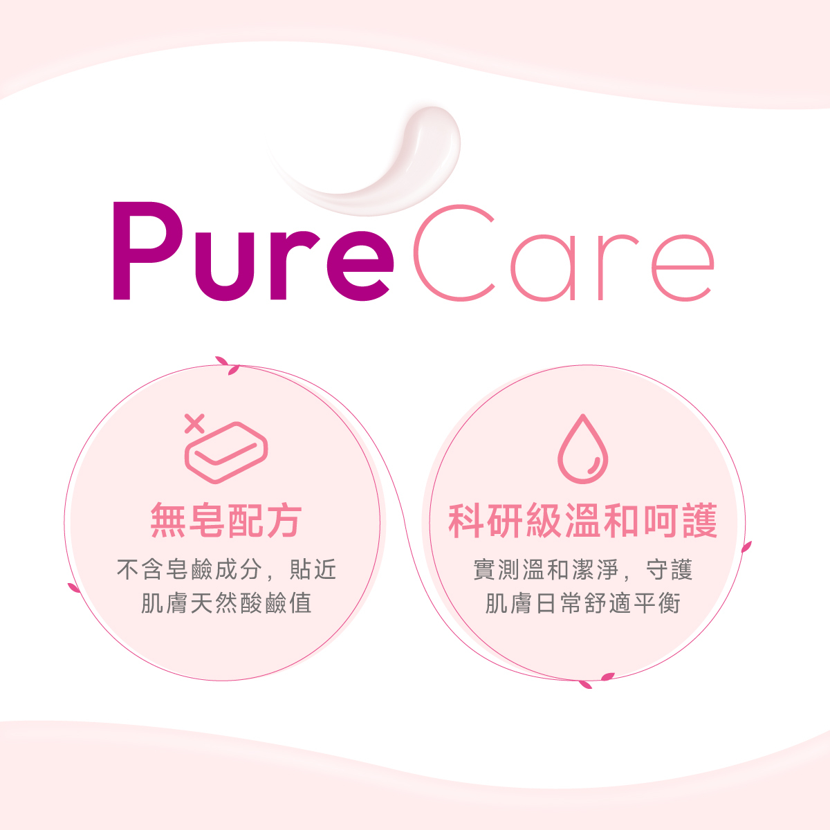 絲膚潔帶來最純粹的PureCare,不含皂鹼成分,貼近肌膚天然酸鹼值;科研級溫和呵護與潔淨肌膚日常舒適平衡。