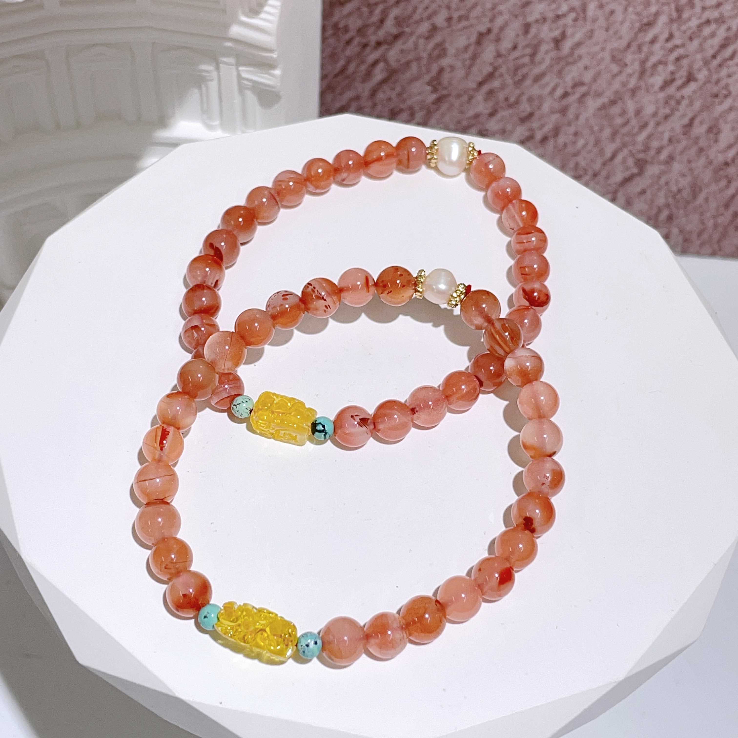 冰飄南紅瑪瑙拼蜜蠟貔貅DIY手串 6mm