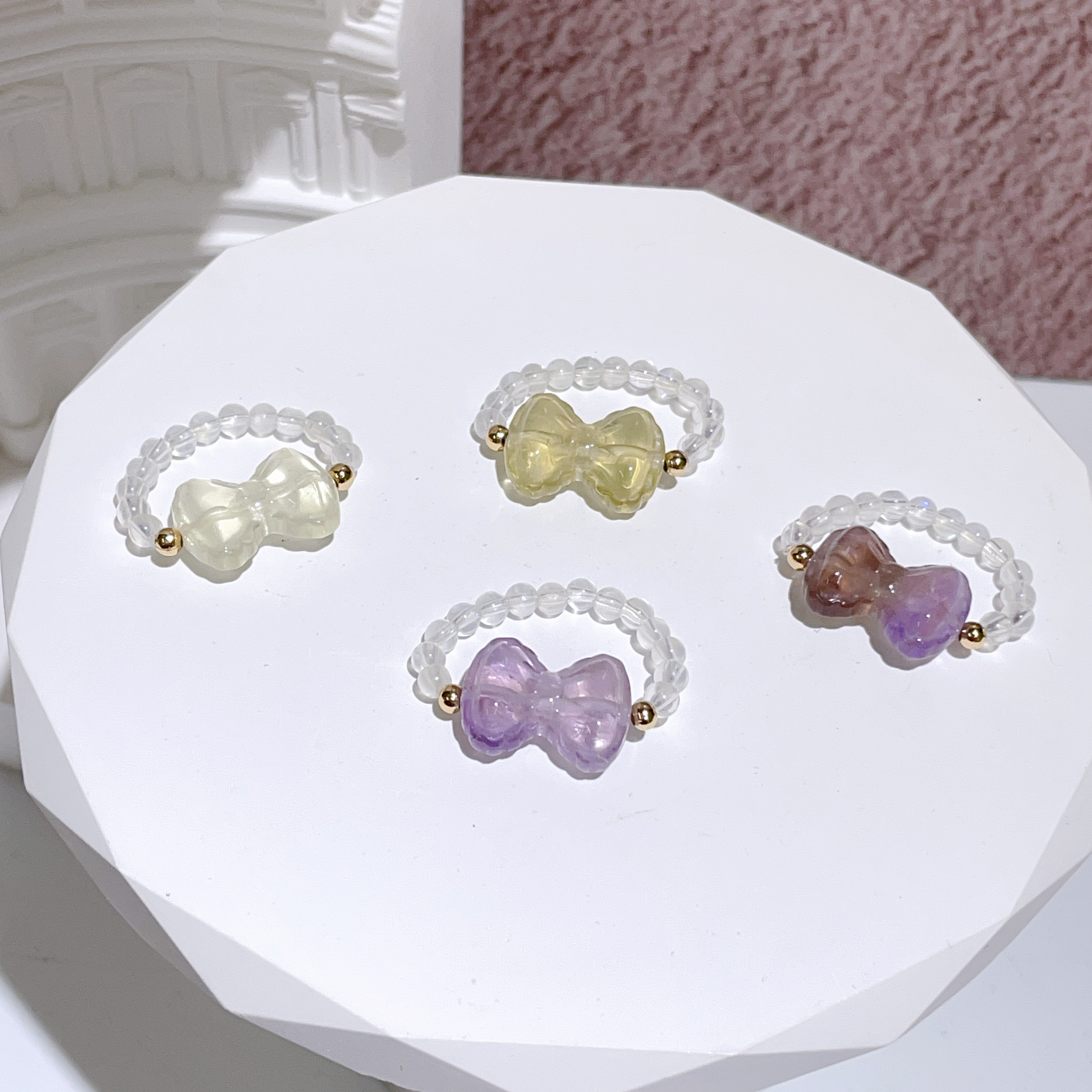 水晶蝴蝶結拼藍月亮小指環