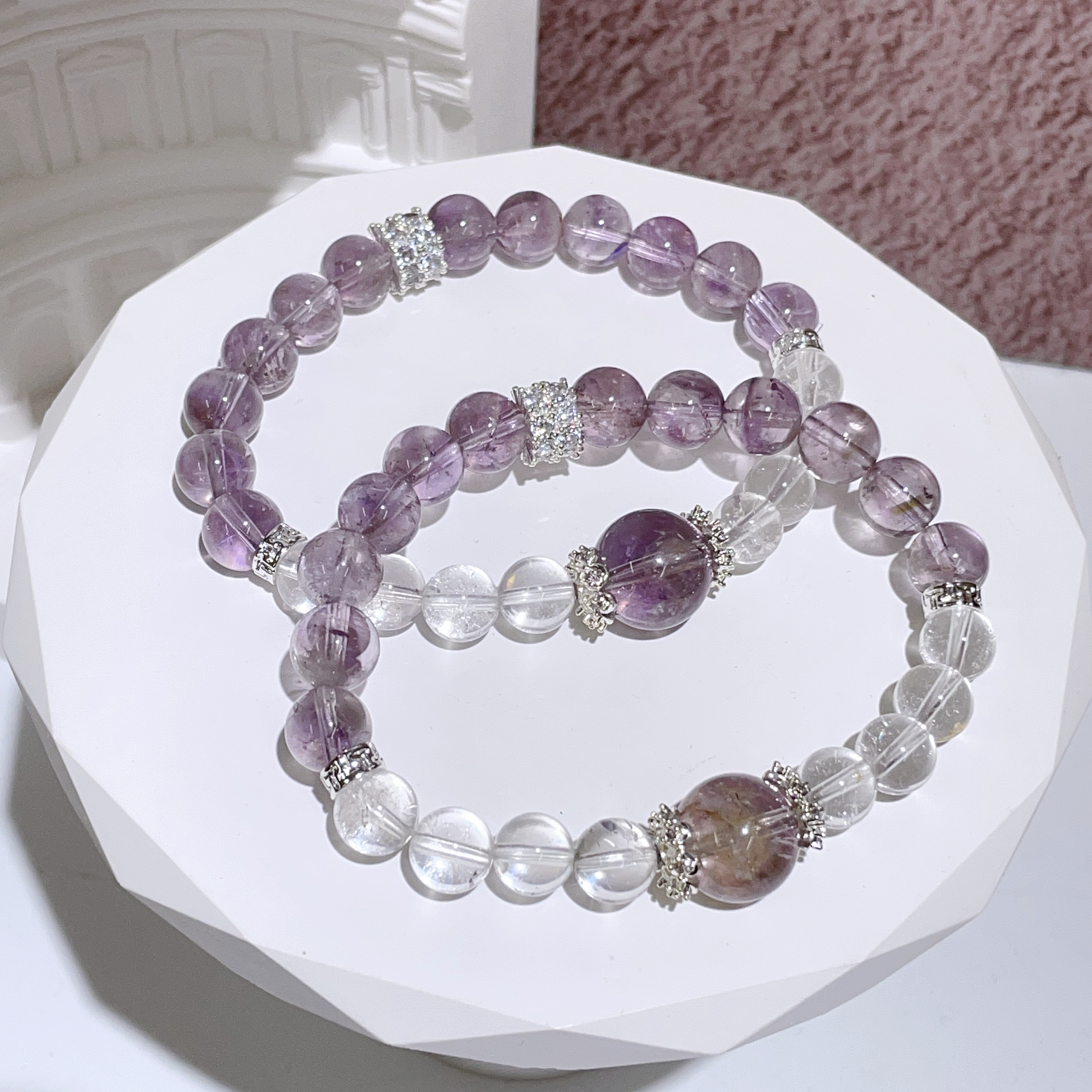 紫水晶頂珠半拼白水晶DIY手串 9mm