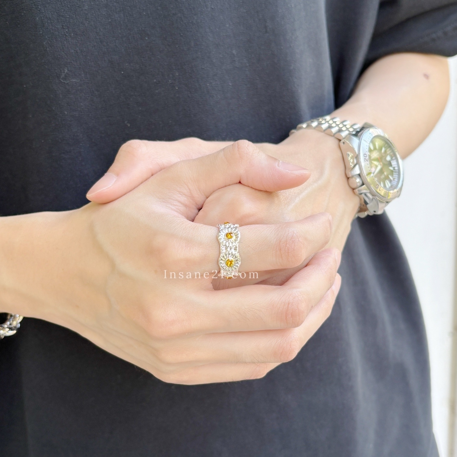 黃色 小雛菊 戒指 銀白色 鑲鑽/無鑽 可調節 穿搭配件