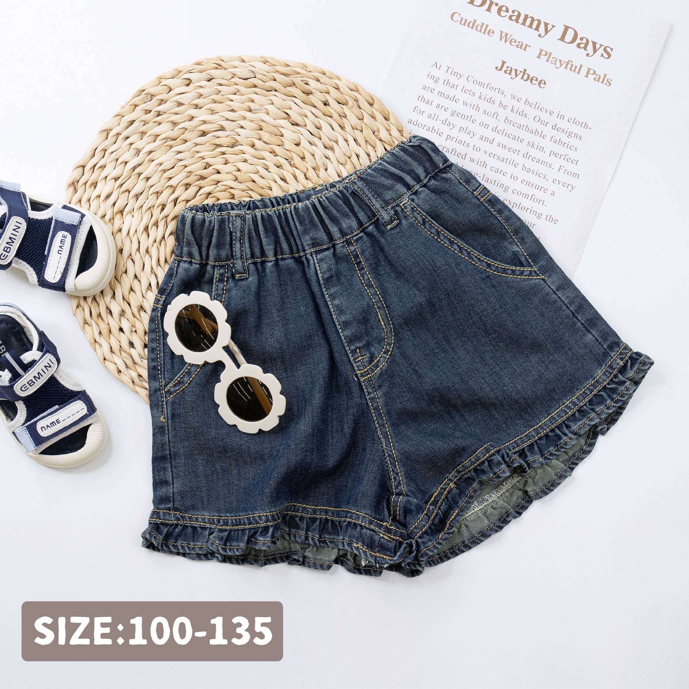 【H50909】復古舒適花邊設計牛仔短褲