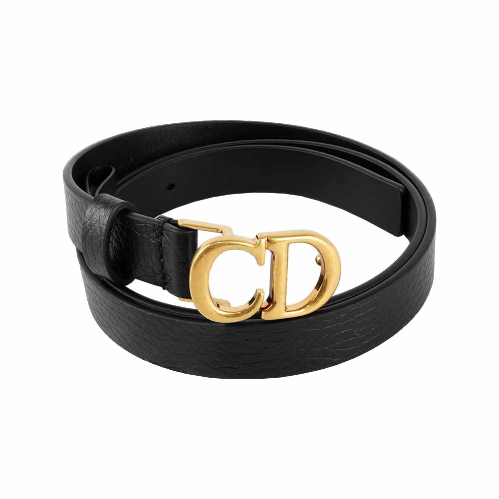 【CHRISTIAN DIOR】Saddle CD 金色標誌小牛皮 80/85cm 寬2cm皮帶(黑色)