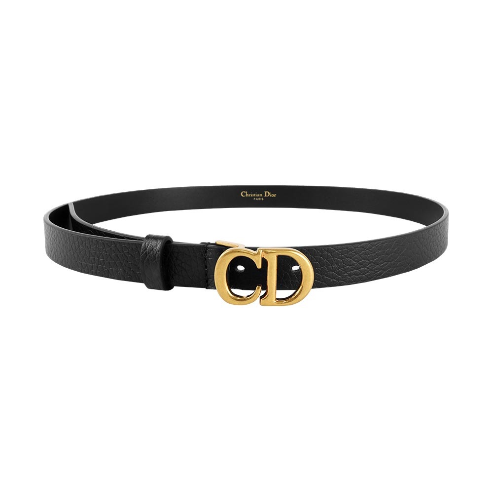 【CHRISTIAN DIOR】Saddle CD 金色標誌小牛皮 80/85cm 寬2cm皮帶(黑色)