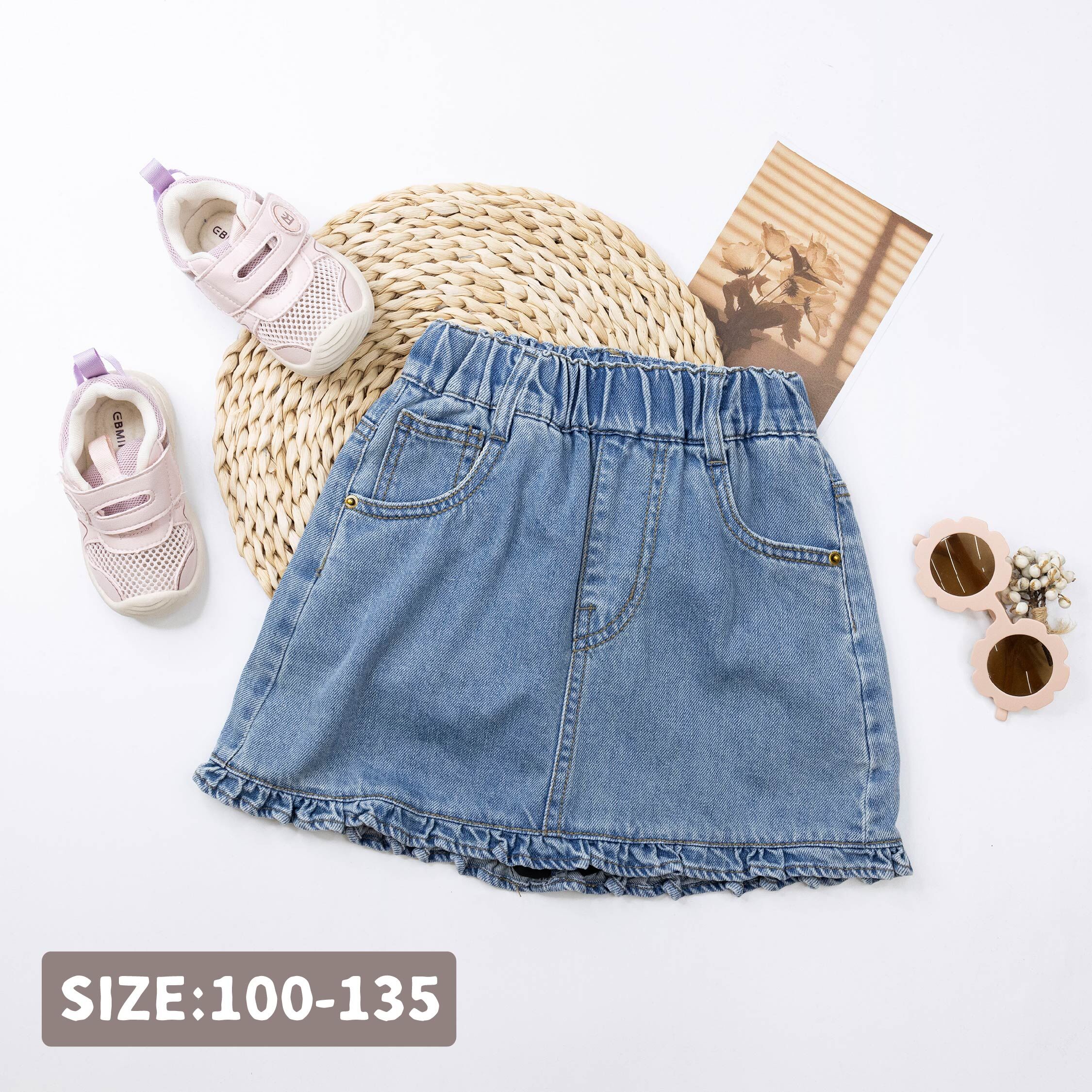 【H50916】氣質荷葉滾邊A字牛仔褲裙