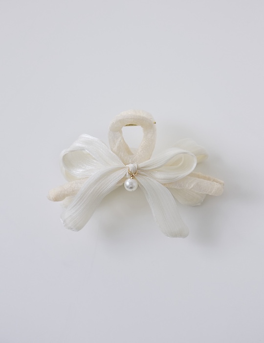 珍珠吊墜蝴蝶結髮夾(白)