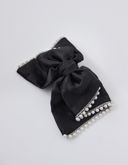 珍珠滾邊蝴蝶結髮夾(黑)