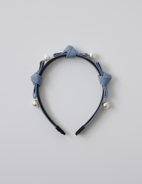 單寧珍珠扭結髮箍(淺藍)
