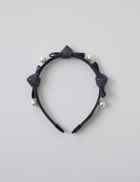 單寧珍珠扭結髮箍(深藍)