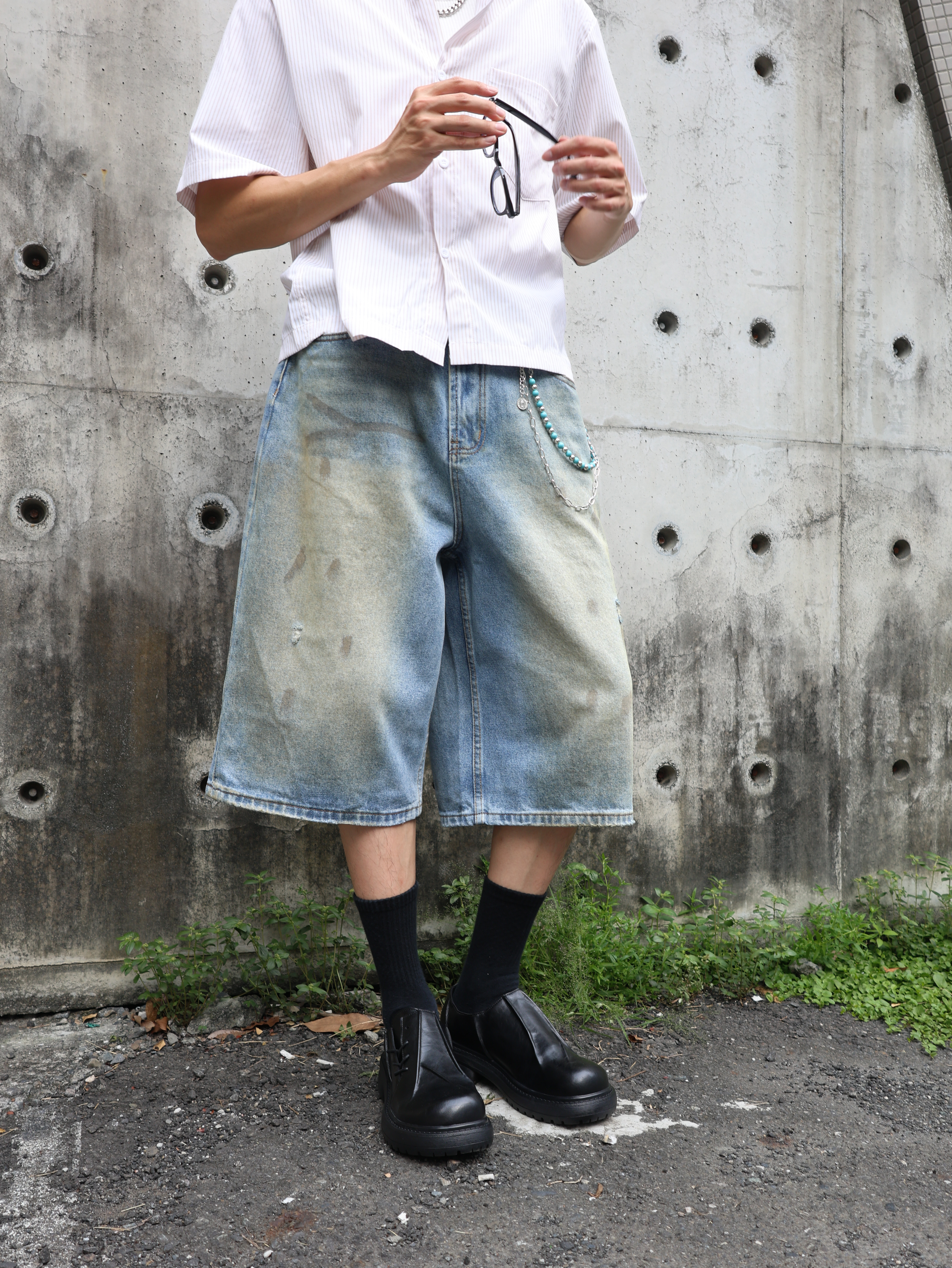 （現貨）NJ220街頭 做舊 微潑墨感 霧狀刷色 牛仔短褲