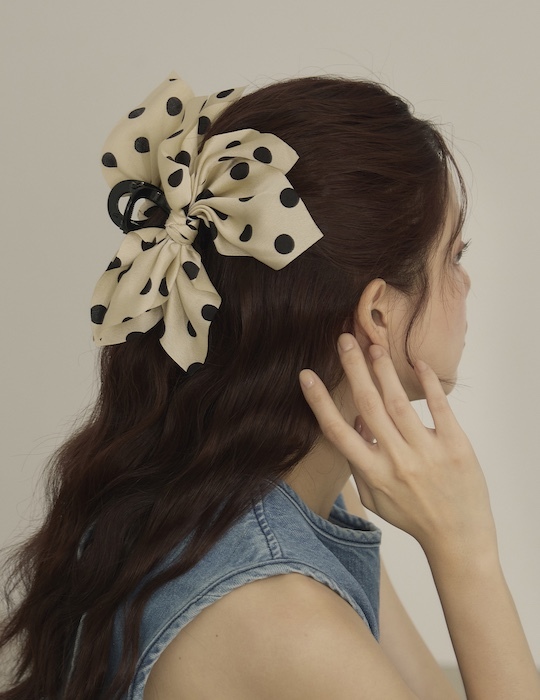 甜美蝴蝶結圓點髮夾(米白)