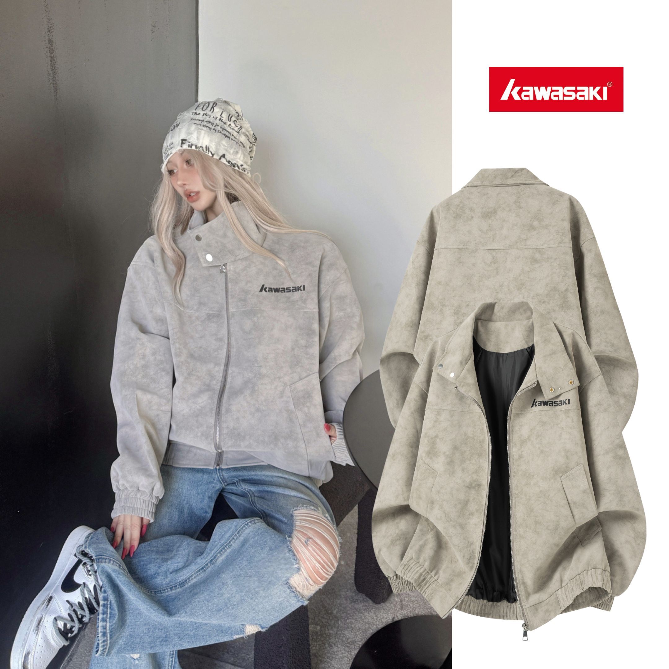 NICEDAY 代購 Kawasaki 川崎 美式 復古 立領 外套 夾克 皮衣 卡其 灰色 男女同款