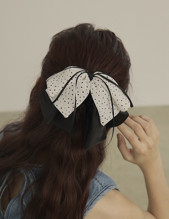 復古圓點大蝴蝶結髮夾(白)