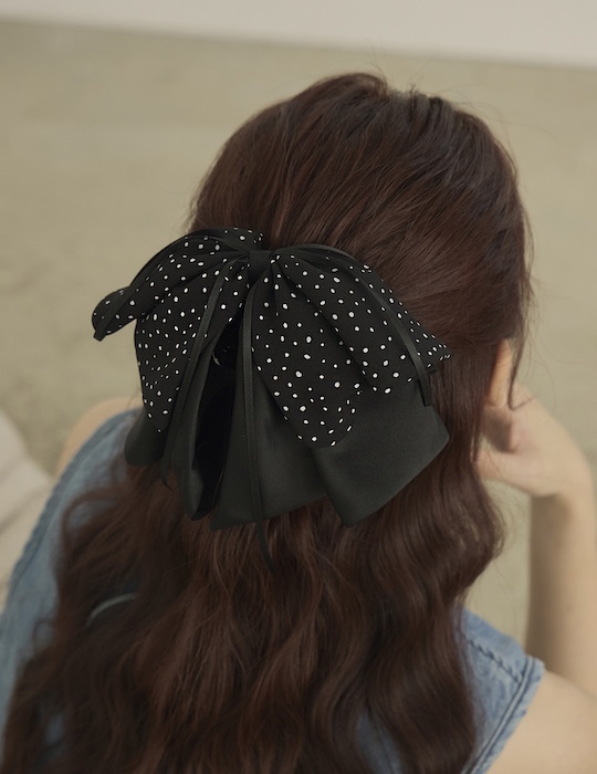 復古圓點大蝴蝶結髮夾(黑)